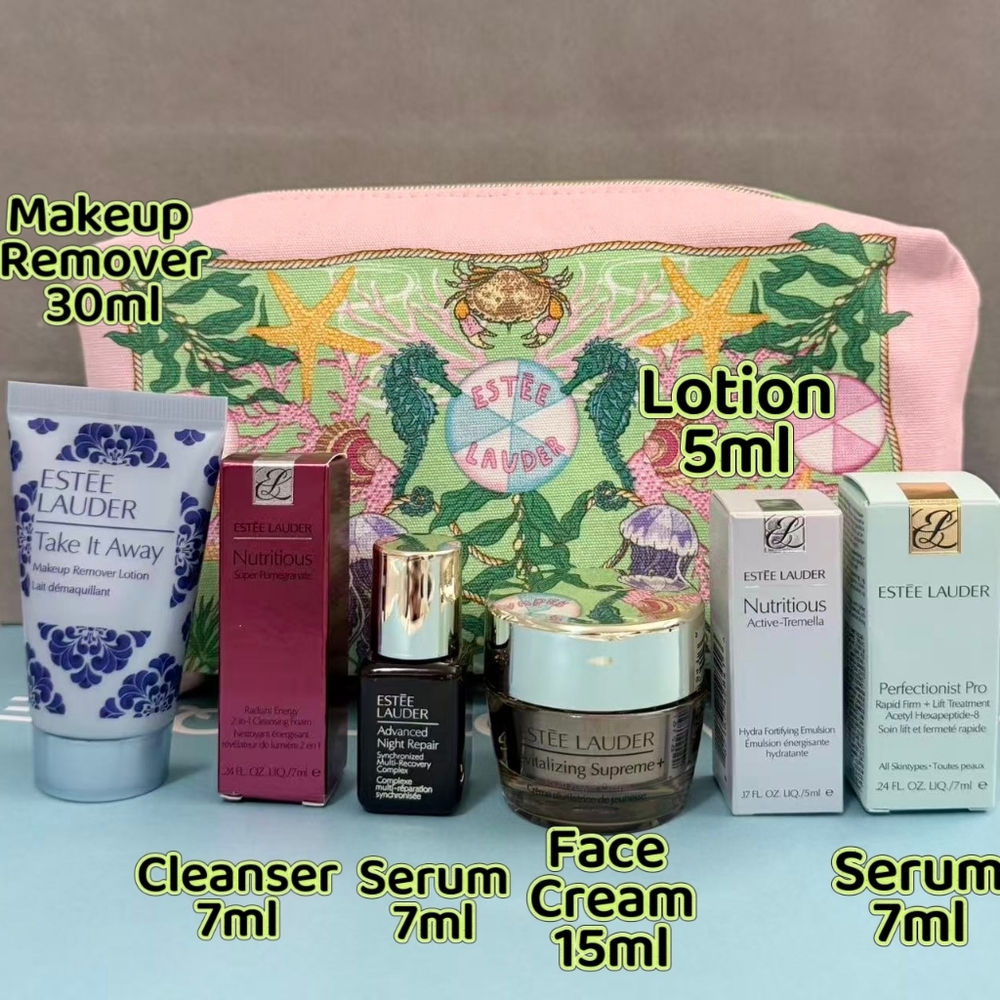 Estee Lauder Skincare Collection with Pink and Green Bag